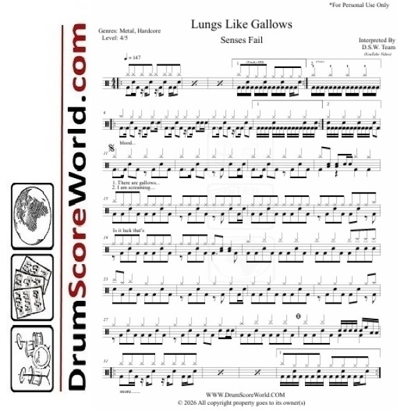 Senses Fail - Lungs Like Gallows | Drum Sheet